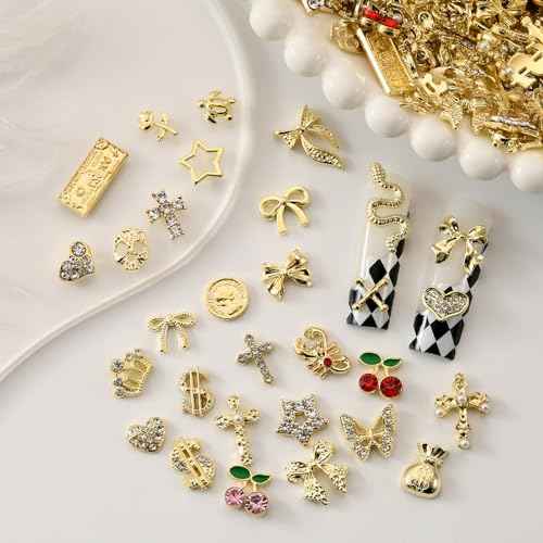 100Pcs Gold Nail Charms and Gems Charms for Nails Design Gold Charms for Nails Metal Bow Cherry Butterfly Cross Heart Star and Flowers