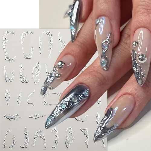 6 Sheets Lines Nail Art Stickers Decals Silver Stripe Line Nail Decals 3D Self-Adhesive Abstract Marble Wave Nail Design Holographic Irregular Line Nails Supplies Nail Accessories for Women Nail Decor