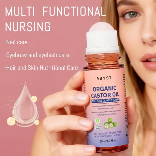 Organic Castor Oil Roll On - Rose Quartz Roller Ball for Face & Body, Skin & Hair Moisturizer, Glass Bottle, Pure & Natural, Cold-Pressed (1)