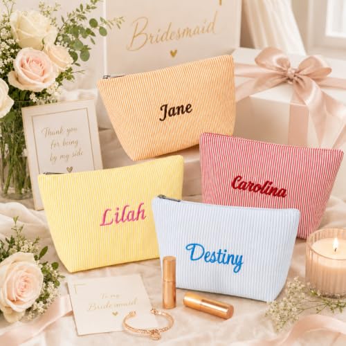 Custom Embroidered Seersucker Makeup Bag - Personalized Striped Pouch