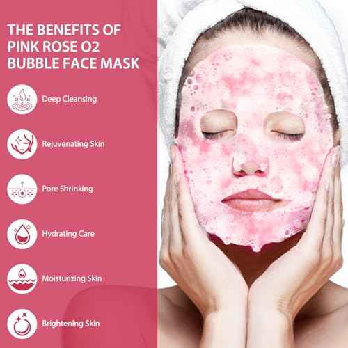 Pack of 10 Pink Rose O2 Bubble Face Masks Skincare, Spa Presents for Women, Bubble Face Sheet Mask Cleaner Foaming Purifying Facial Mask for Acne and Pores Moisturizing Beauty Sheet Masks