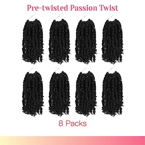 The BOHOBABE Crochet Passion Twist Hair Pretwisted 10 Inch Short Pre-looped Passion Twist Crochet Braiding Hair 8 Packs (1B)