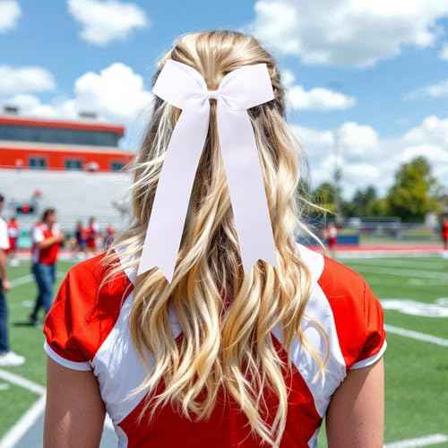 OAOLEER 16pcs Cheer Hair Bows for Cheerleader, College Style Long Tail Skinny Cheer Bow Elastic Hair Tie Bows for Teens Girls Softball Competition Sports Cheerleaders (White)