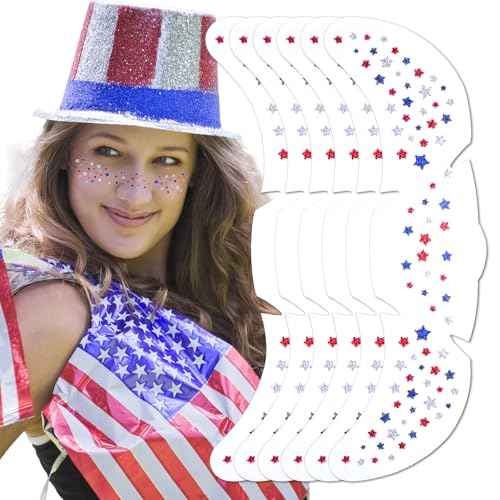 Mysense Red White and Blue Glitter Freckles Face Tattoo,4th of July Temporary Tattoos,4th of July Outfit Accessories for Women Kids,Patriotic USA Flag Star Freckle Stickers for Independence Day,6Pcs
