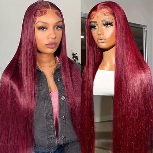 SUNKASA 28 Inch 99J Burgundy Lace Front Wigs Human Hair 13x6 Straight, Pre Plucked 200% Density, Glueless with Baby Hair