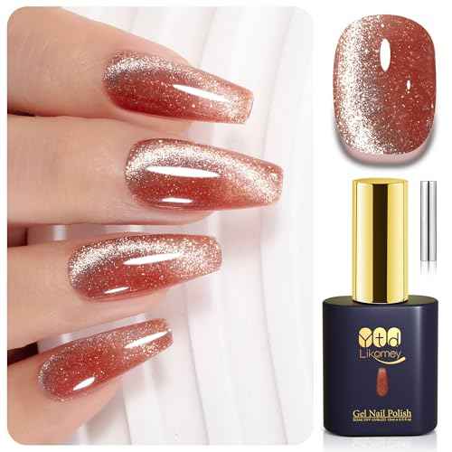 YTD Likomey Cat Eye Gel Nail Polish,Platinum Glitter 15ml Champagne Gold Magnetic Reflective Flash Sparkle Shiny Salon Home Fall Winter UV Color Varnish with Magnet Stick,HEMA Free TPO Free,MY512