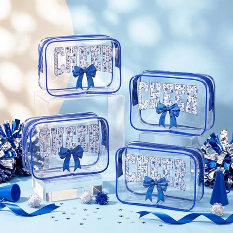 12Pcs Clear Cheer Makeup Bags with Blue Bow - Team Cosmetic Pouches