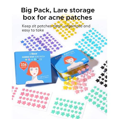 LitBear Acne Patch Pimple Patch, 6 Colors 336 Dots Star Pimple Patches with Tea Tree Oil & Centella Oil, Hydrocolloid Acne Pimple Patches for Face Cute Zit Patches Pimple Stickers Acne Dots