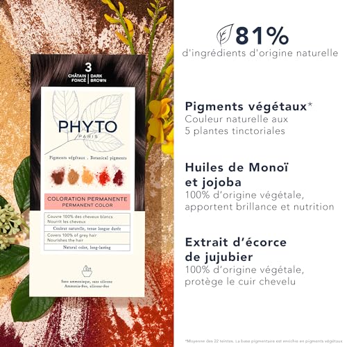 PHYTO Phytocolor Permanent Hair Color, 3 Dark Brown, with Botanical Pigments, 100% Grey Hair Coverage, Ammonia-free, PPD-free, Resorcin-free, 0.42 oz.