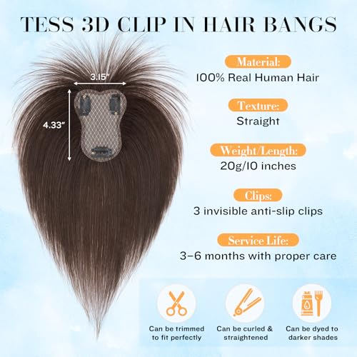 TESS Real Human Hair Bangs Toppers for Women - Clip-In, 10" Dark Brown