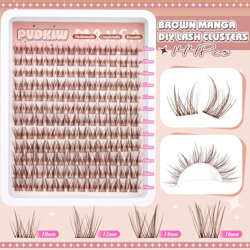 Brown Lash Clusters Wipsy Manga Lashes Clusters Natural Eyelash Clusters Dark Brown Lashes C Curl Cluster Eyelash Extensions Invisible Band False Eyelashes 10-16mm Cluster Lashes 144Pcs