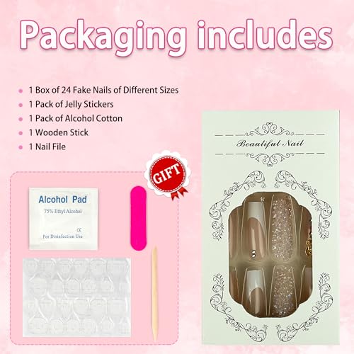 Sokfone Press on Nails French Tip False Nails Square Long Fake Nails with Heart-Shaped 3D Rhinestone Charm Designs Acrylic Nails Full Cover Nail Decorations Stick on Nails for Women 24Pcs