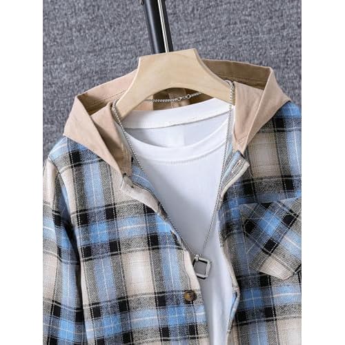 WDIRARA Boy's Plaid Button Front Long Sleeve Hooded Shirt Casual Tops