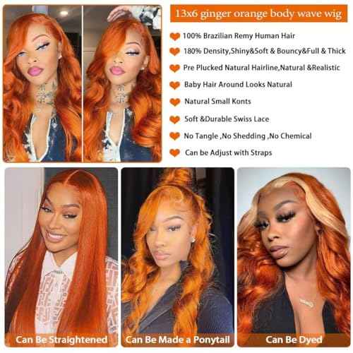 26 Inch 13¡¿6 Ginger Lace Front Wigs Human Hair Orange Ginger Body Wave HD Lace Frontal Wigs for Women 180% Density #350 Color Glueless Wig Pre Plucked Super Soft