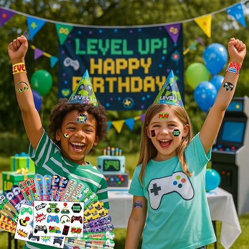 48PCS Video Game Party Set ? 24PCS Temporary Tattoos & 24PCS Slap Bracelets ? Gamer-Themed Birthday Supplies, Baby Shower Gifts, Classroom Rewards & Party Decor for Kids (Boys & Girls)