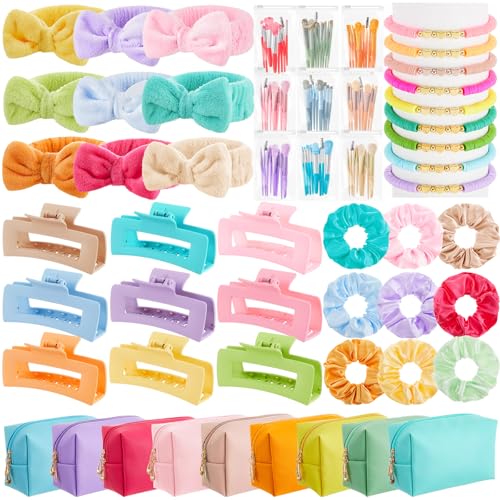 Zeyune 54 Pcs Gifts Sets Bulk for Tween Teen Women Preppy Party Favors Set Preppy Makeup Bag Hair Pin Scrunchies Headbands Bracelets Trendy Stuff Gift for Women Friend Birthday Present(Classic Color)