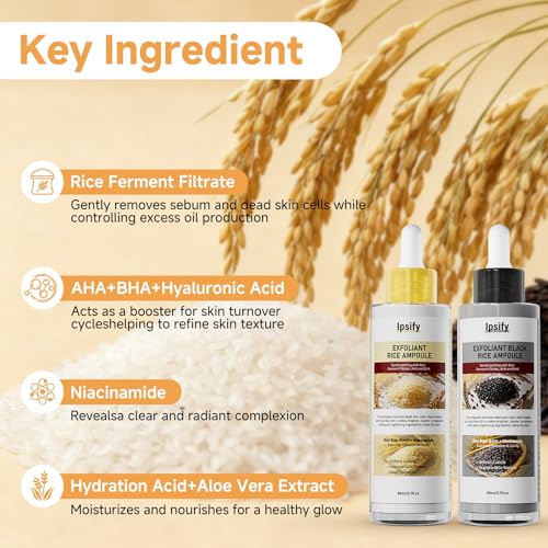 Peel Shot Glow Rice Ampoule Duo, Black and White Rice Exfoliant for Face and Body, Rice Exfoliator for Faces Dead Skin Cells Remover, Face Peel Shot Serum for Softens Cuticle (White+Black, 160ml)