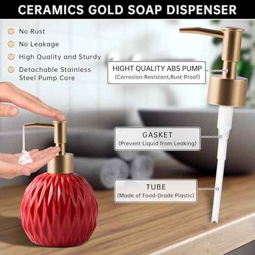 Ceramics Gold Soap Dispenser for Bathroom, Relief Soap Dispenser for Kitchen Sink, 400ml/13.5Oz Refillable Liquid Hand Soap Bottle with Gold Pump (Red).
