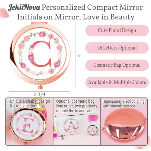 Jekiinova Rose Gold Floral Initial Compact Mirror Personalized Gift for Sister Women