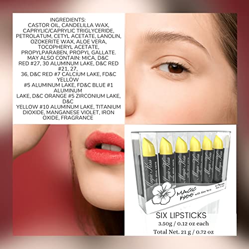 Magic Kiss Lipstick Set Aloe Vera Color Changing 6 Pack MADE IN USA (Yellow)