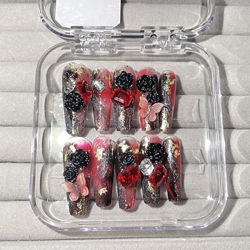 Fake Nails Handmade Press on Nails 3D Rhinestone Stylish Gel Reusable 10pcs Long Coffin Fake Nails Suitable for Halloween and Christmas (Red and Black-S)