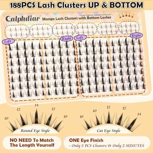 Manga Lash Clusters Anime Star Eyelash Extension 188Pcs Natural Lash Clusters with Bottom Lashes Spiky Cluster Eyelash Extensions Wispy 10-14mm Fairy Individual Lashes Extension Doll Eyelash Clusters