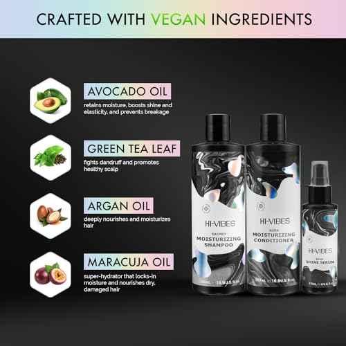 MOEHAIR Hi-Vibes Vegan Shampoo, Conditioner and Serum | Argan Oil Shampoo and Conditioner Set with Anti Frizz Hair Serum | Infused With Avocado, Sunflower, and Coconut Oil | Sulfate and Paraben Free
