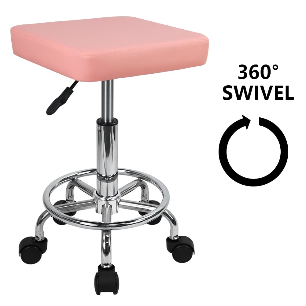 KKTONER Square Rolling Stool with Foot Rest PU Leather Height Adjustable Spa Drafting Salon Tattoo Work Swivel Stools Task Chair Small (Pink)