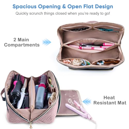 ELCUPA Pink Large Travel Hair & Makeup Organizer Bag with Heat-Resistant Mat
