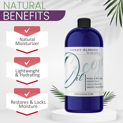 cocojojo Sweet Almond Oil - Face Skin Hair Cold Pressed 32 oz Natural Pure Massage Antioxidant Extra Virgin Unrefined