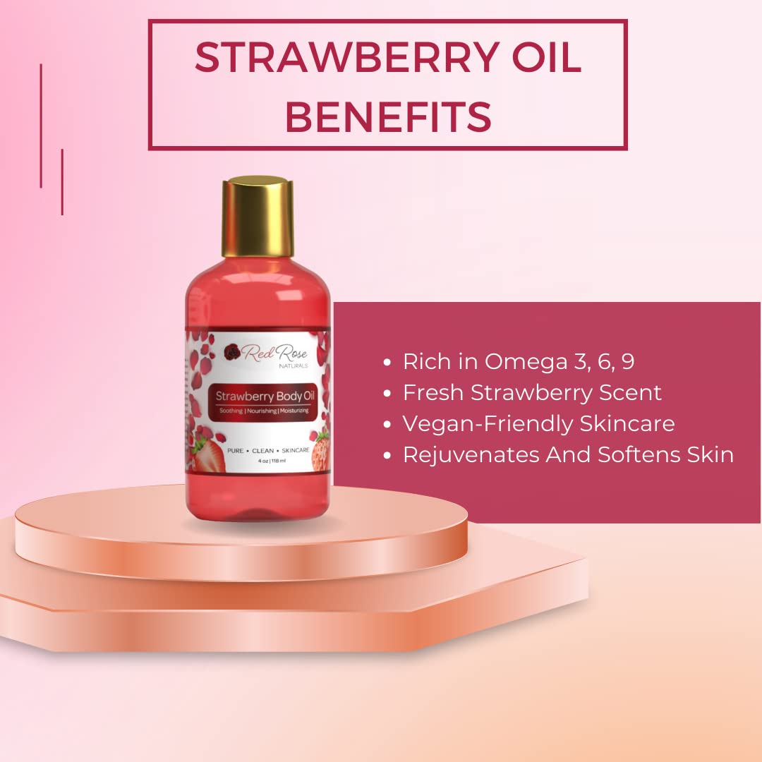 Red Rose Naturals Strawberry Body Oil, Natural Body Oil For Women, Shower and Bath Perfume, Hydrating & Deep Moisturizing, Reduce Dry Skin, Long Lasting Fragrance, Vegan - 4 fl. oz