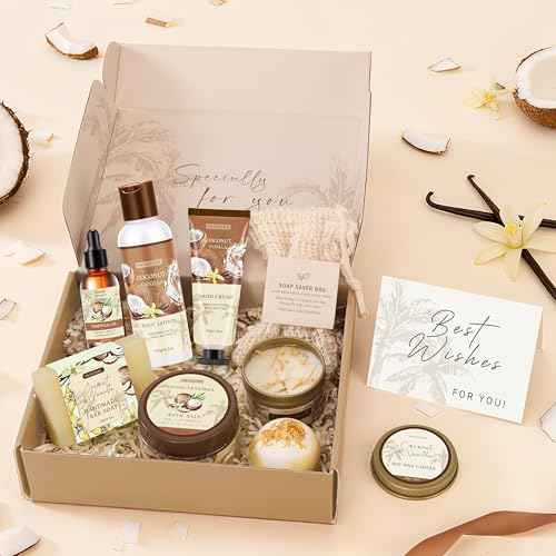 Gifts for Women Happy Birthday Gift Baskets, Bath and Body Gift Set Mothers Day Gifts, Vanilla Coconut Relaxing Home Spa Set Self Care Gift for Mom Sister Her Wife Grandma Girlfriend Friends