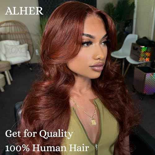 ALHER 33 Reddish Brown 3 Bundles with 2x6 Lace Closure Body Wave, 12A 100% Unprocessed Brazilian Virgin Remy Human Hair, Copper Brown Wavy Bundles with 2x6 Long Deep Part Lace Closure 12 14 16+12 Inch