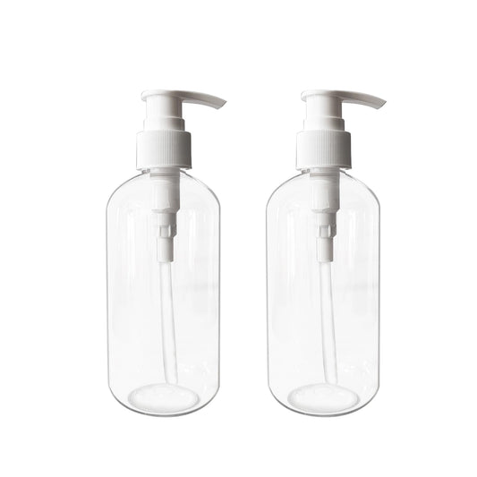 Empty Plastic Bottles with Pump Dispenser, 8 oz, Clear/White, 2 Pack, Refillable Containers for Body Wash, Moisturizer, Face Cream, Liquid Soap
