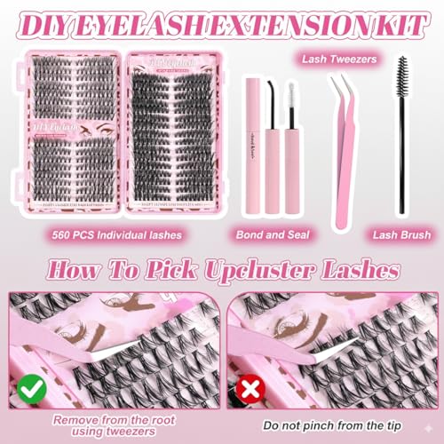 DIY Eyelash Extension Kit - 560 Pcs Natural Cluster Lashes 9-16mm