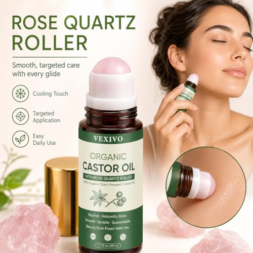 TOGOLIUN Organic Castor Oil Roll-On with Rose Quartz Roller Ball - Unscented, 1.7oz