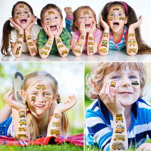 12 Sheets Temporary Tattoos for Kids, School Bus Birthday Party Supplies Decorations Transportation Stickers Cute Fake Tattoos Party Favors for Children Toddler School Classroom Reward