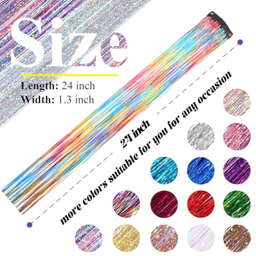 Hair Tinsel Clip-In Extensions, 12 Pcs 24 Inch Rainbow
