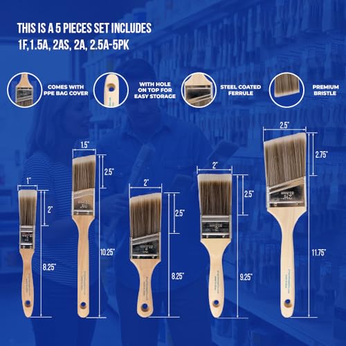 Pro Grade 5-Piece Paint Brush Set for Walls & Trim