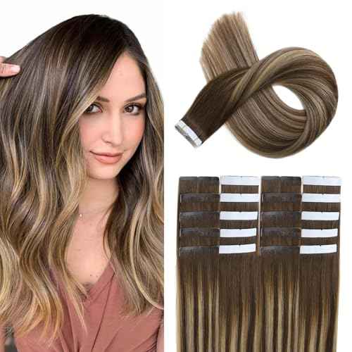 XDhair Tape in Hair Extensions Human Hair 20pcs 50g Balayage Chocolate Brown to Caramel Blonde with Chocolate Brown Roots Invisible Tape in Extensions for Women(14, #4/27/4)