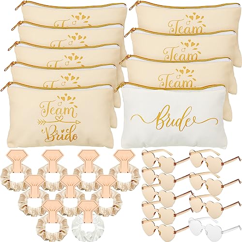 Sweetude 27 Pcs Bridesmaid Proposal Gift Bride Cosmetic Makeup Bags Bridal Hair Scrunchies Ties Heart Shape Sunglasses for Wedding Bachelorette Party Favor(Champagne, White)