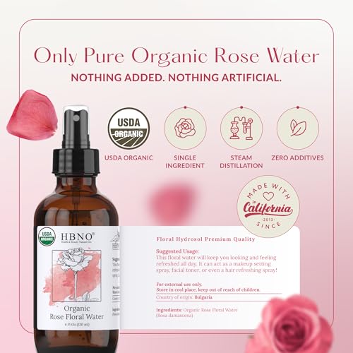 HBNO California Bottled Organic Rose Water for Face 4 fl oz (120ml) - USDA Certified Organic Rose Water Spray for Cleansing- Pure Rosewater for Hair - Rosewater Face Mist