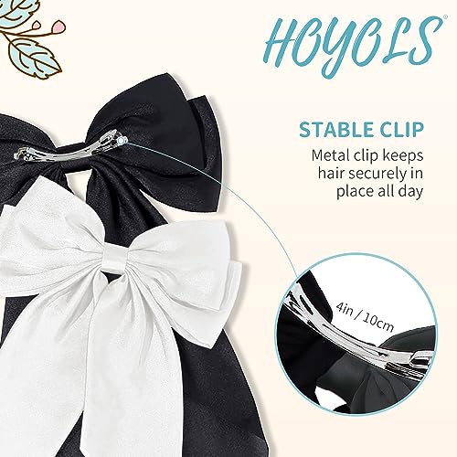 Hoyols White Big Hair Bows Clips Barrettes for Girls Women, Large Satin Hair Ribbon Hairbow for Cute School Girl Accessories Bowknot for Thick Long Hair Styling Wedding 2 Count (Black & White)