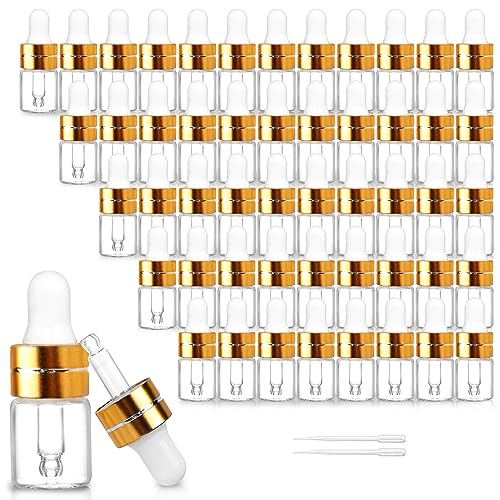 50 Pack 2ml Clear Glass Dropper Bottles with Gold Caps