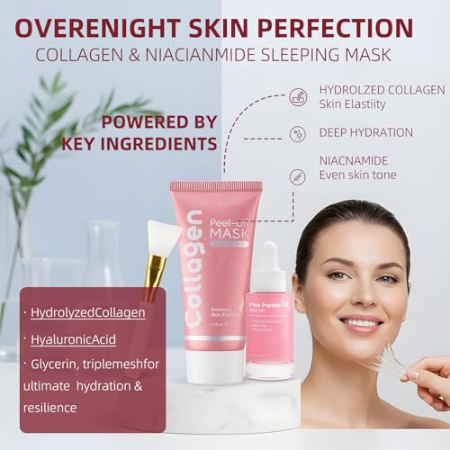 Collagen mask Hydrolyzed &Niacinamide Peel-Off Mask Overnight ,Radiant and Revitalized Skin ? Korean Face skincare for Hydration & Elasticity,Infused with Peptides & PDRN Serum for Smooth,Set