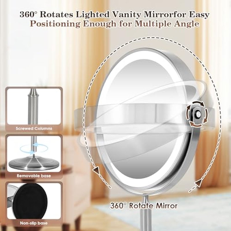 4000mAh Large Rechargeable Lighted Makeup Mirror Nickel, 2-Sided 1X/10X HD Undistorted 8" Magnifying Mirror with 3 Color Lights Dimmable, 360¡Æ Swivel Seamless Cordless Travel Vanity Mirror -Detachable