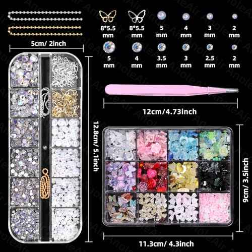 Assorted Nail Charms Kit, 3D Nail Charms and Flatback Pearls Gems Set, Gold Silver Nail Bows, Flower Butterfly Bows 3D Asssorted Nail Charms and Gems, Nail Pearls for Nail Art DIY with Pickup Tools