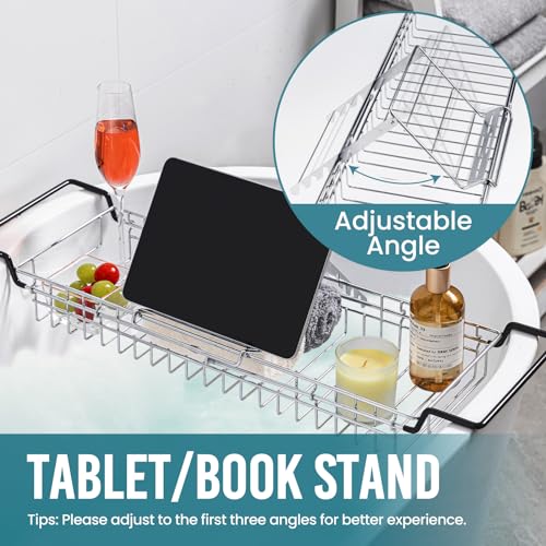 Expandable Bathtub Caddy Tray with Tablet Holder | 304 Stainless Steel
