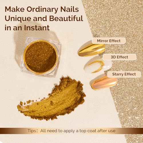 MelodySusie Gold Chrome Nail Powder for Gel Nails,Metallic Mirror Effect Pigment Stylish and Technological Fine Glitter for Home DIY Salon Use