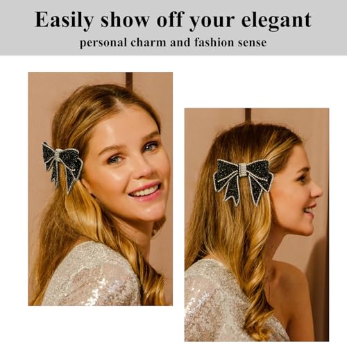 Black Rhinestone Bow Hair Clip - Elegant French Flat Clip - Black Hair Bow for Women Gift